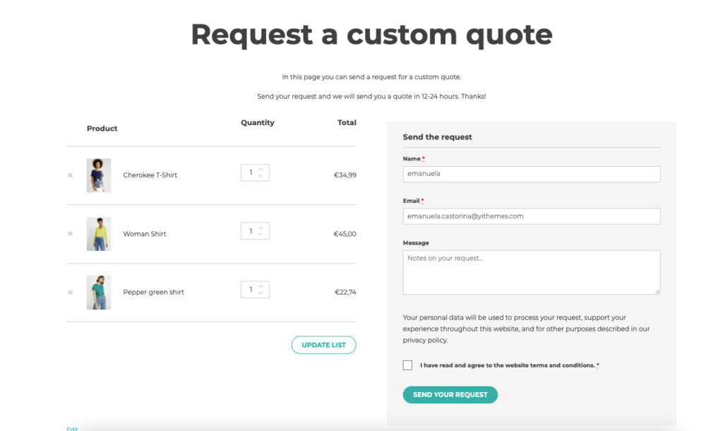 Captura de pantalla del plugin YITH Request a Quote para WooCommerce